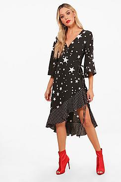 Boohoo Lillian Star Print Wrap Front Ruffle Tea Dress