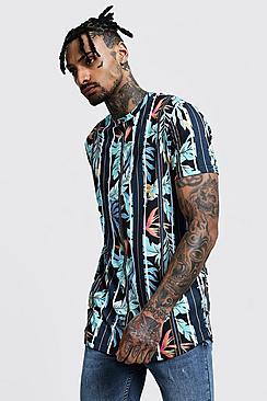 Boohoo Longline Tropical Print Striped Curved Hem Tee