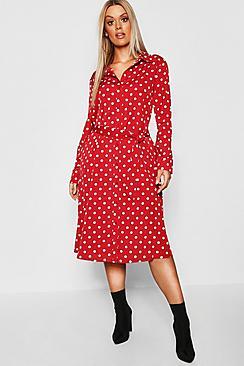 Boohoo Plus Polka Dot Midi Shirt Dress