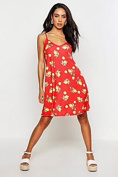 Boohoo Lemon Print Strappy Swing Dress