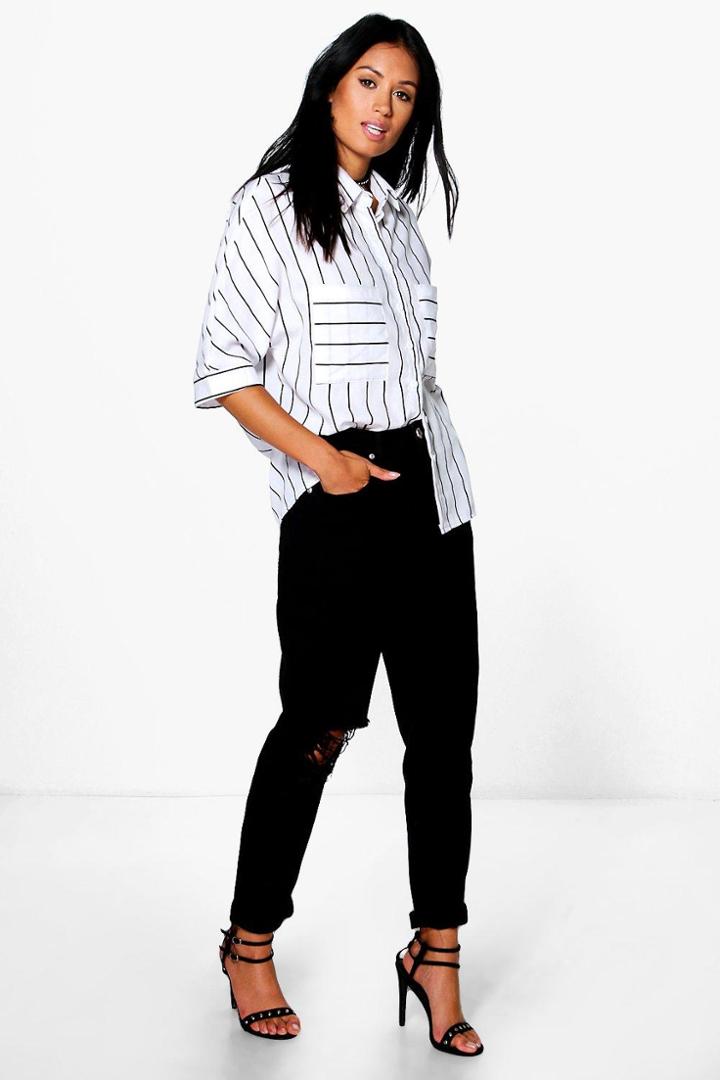 Boohoo Hatty High Rise Cheeky Rip Boyfriend Jeans Black
