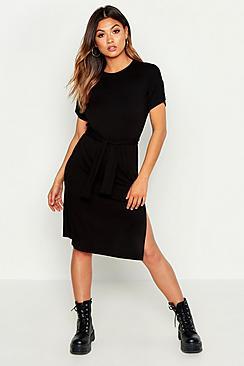 Boohoo Belted Split Midi T Shirt Dress