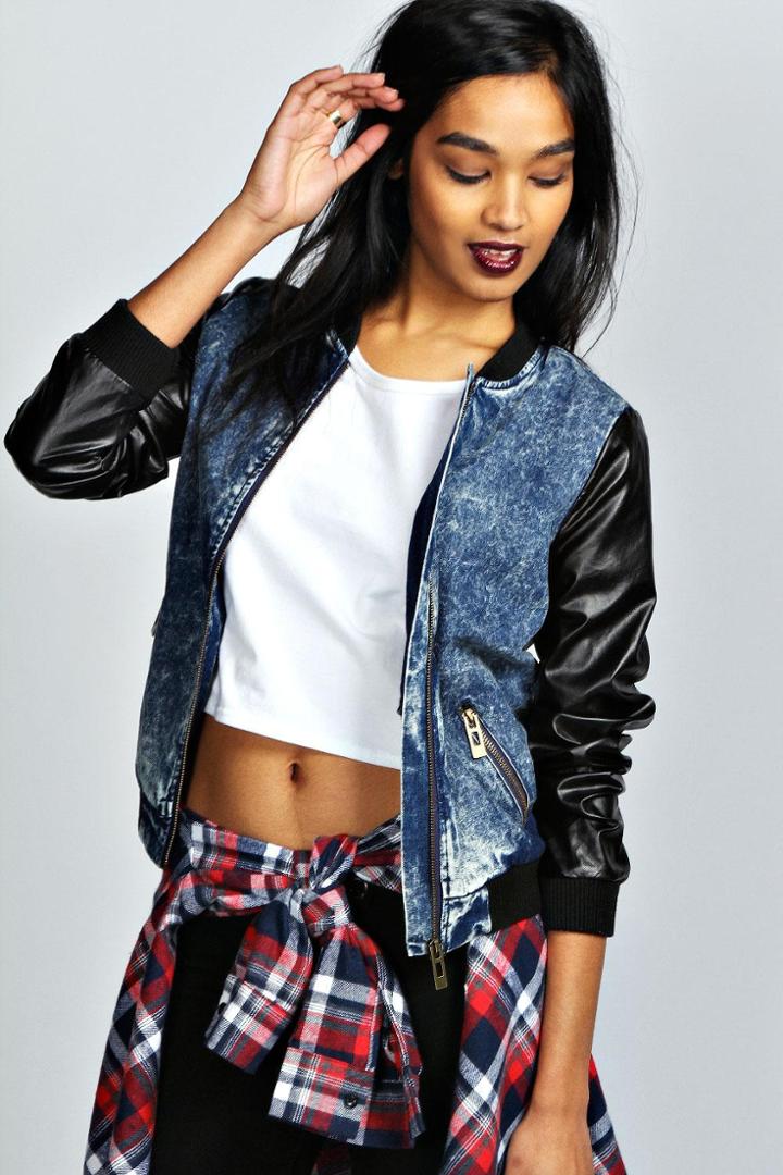 Boohoo Alyssa Pu Sleeve Acid Wash Bomber Jacket - Blue