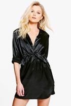 Boohoo Petite Clara Knot Front Satin Shirt Dress Black