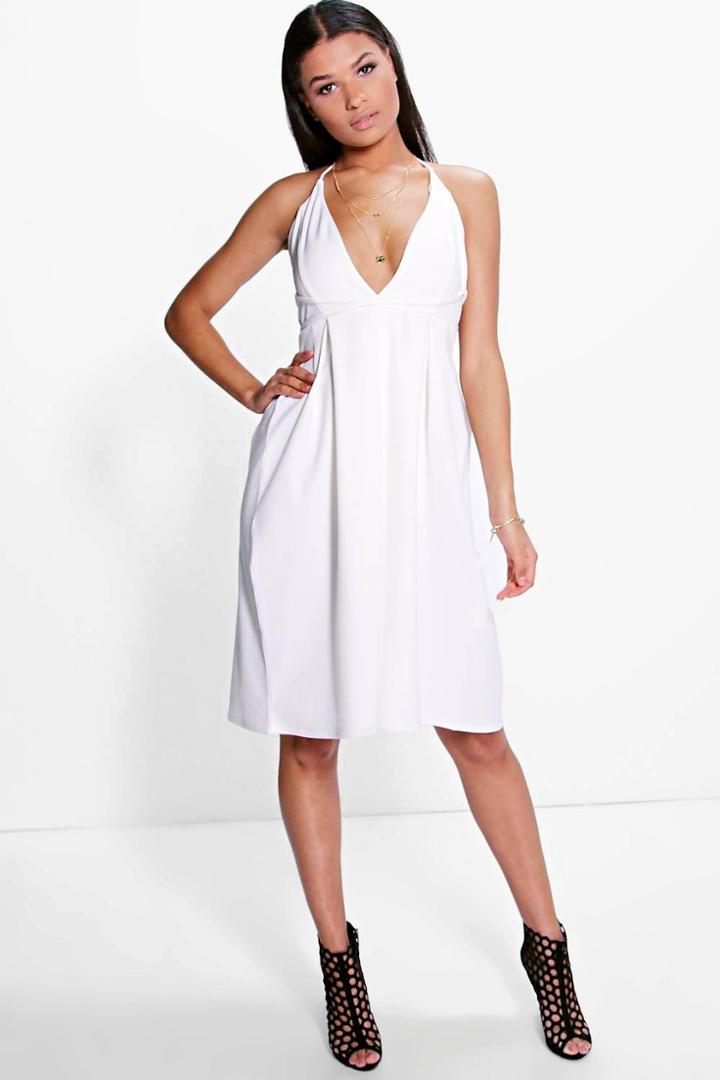 Boohoo Bella Tie Waist Plunge Midi Skater Dress Ivory