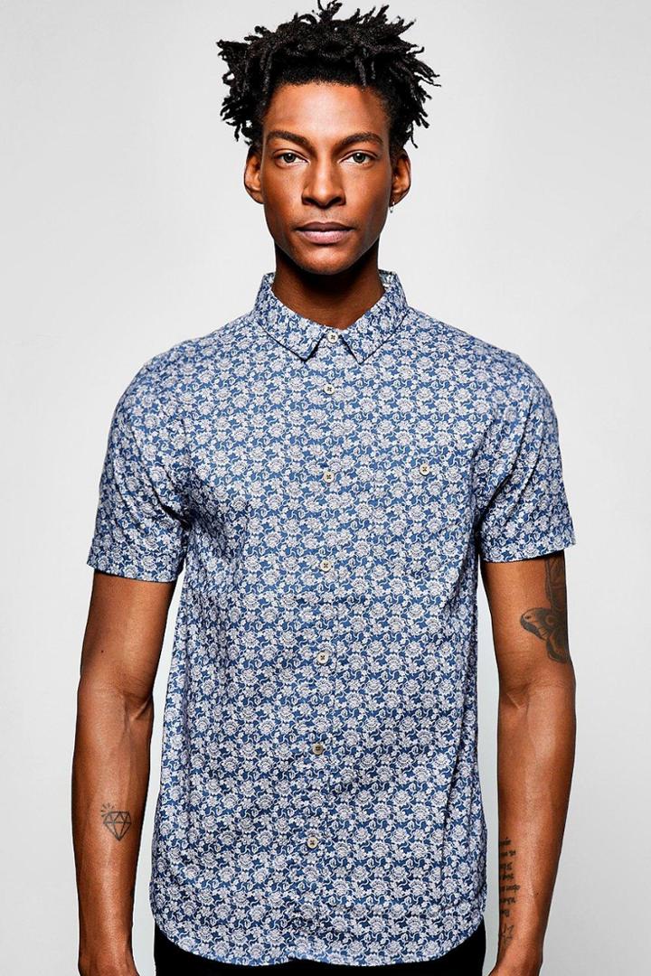 Boohoo Short Sleeve Floral Print Shirt Blue