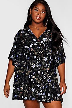 Boohoo Plus Kimono Sleeve Wrap Floral Skater Dress