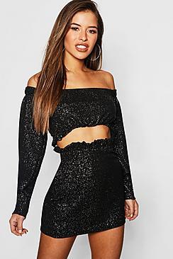 Boohoo Petite Glitter Bardot Mini Skirt Co-ord