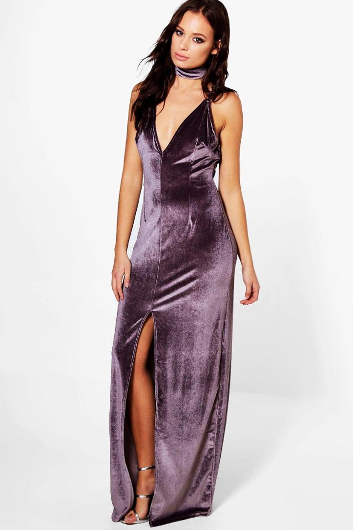 Boohoo Josie Velvet Choker Split Front Maxi Dress Lavender