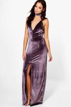 Boohoo Josie Velvet Choker Split Front Maxi Dress Lavender