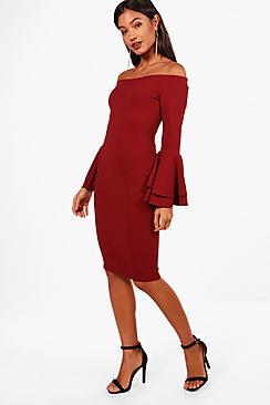Boohoo Off The Shoulder Double Frill Midi Dress