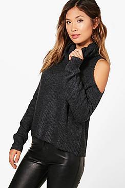 Boohoo Supersoft Roll Neck Cold Shoulder Jumper