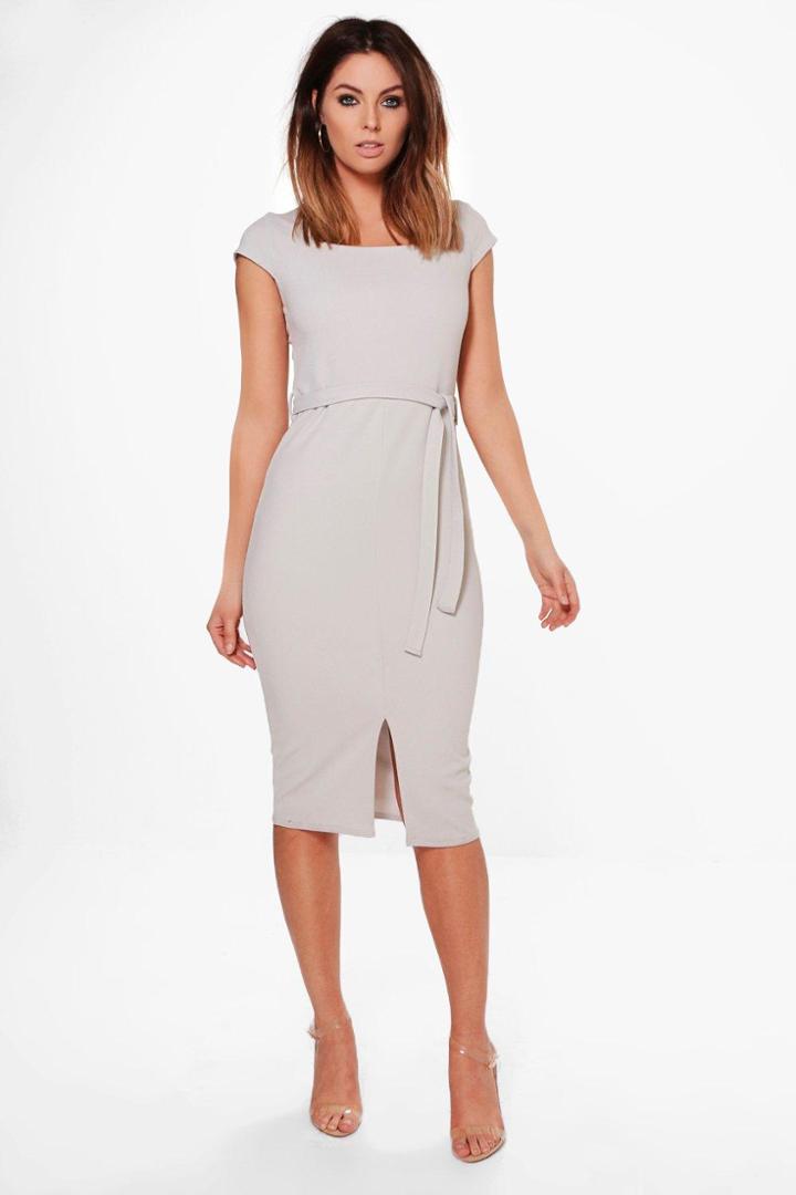 Boohoo Nicola Belted Slit Front Dress Grey