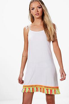Boohoo Julia Tie Detail Swing Dress With Tropical Tassel Trim