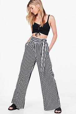 Boohoo Amara Tie Waist Striped Wide Leg Trousers