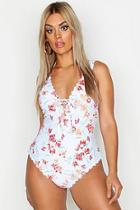 Boohoo Plus Pastel Floral Scallop Lace Up Swimsuit