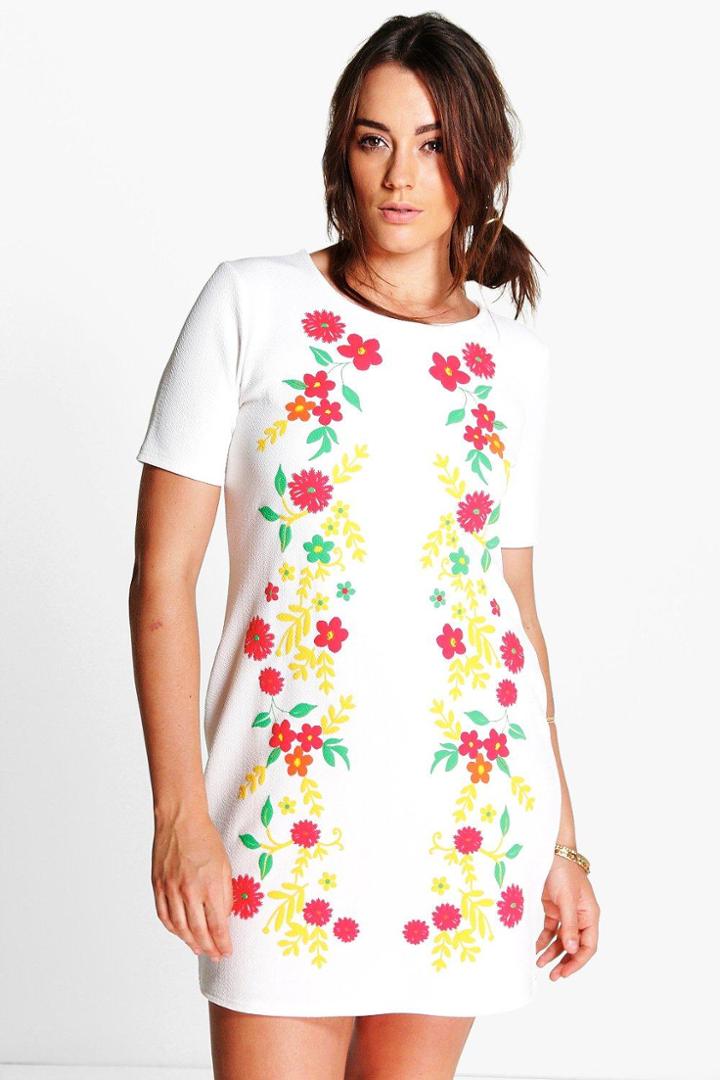 Boohoo Plus Rae Floral Print Shift Dress Cream