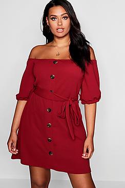 Boohoo Plus Bardot Puff Sleeve Horn Button Dress