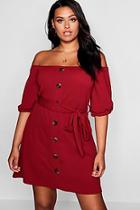 Boohoo Plus Bardot Puff Sleeve Horn Button Dress