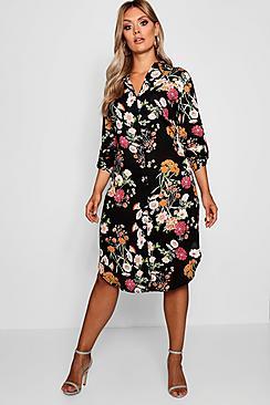 Boohoo Plus Floral Printed Shirt Dress