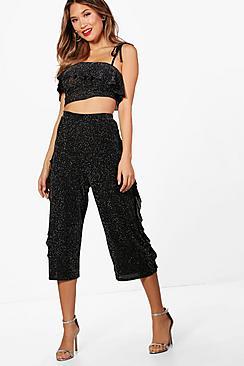 Boohoo Metallic Ruffle Detail Crop And Ruffle Culotte Set