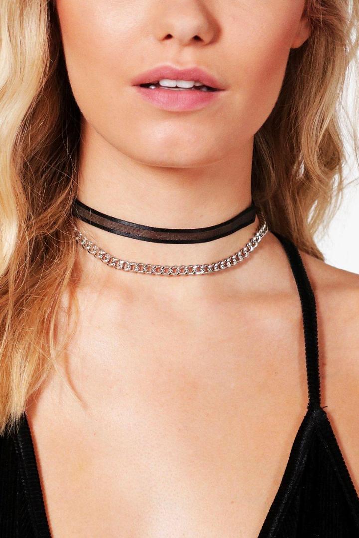 Boohoo Maisie Curb Chain & Chiffon Choker Set Silver