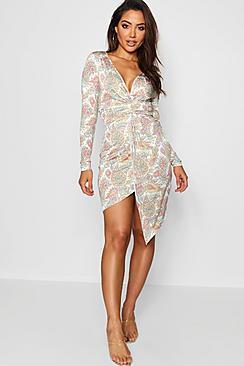 Boohoo Paisley Print Twist Front Asymmetric Midi Dress
