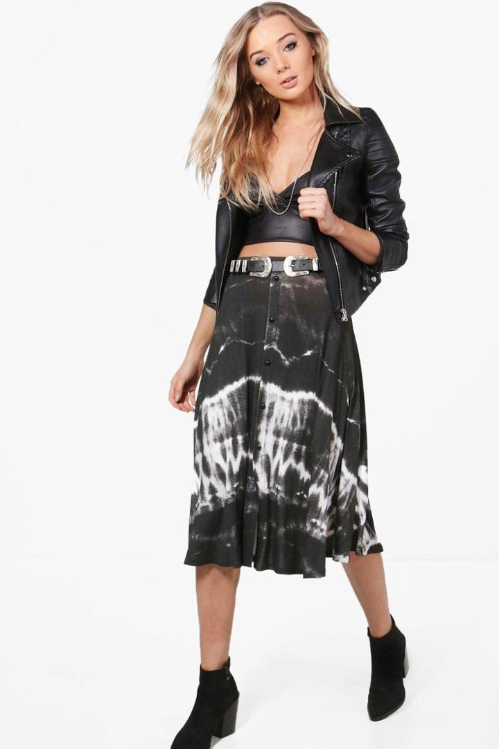 Boohoo Phoebe Tie Dye Button Through Midi Skirt Black