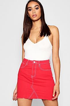 Boohoo Red Contrast Stitching Denim Skirt