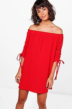 Boohoo Hanna Ruched Sleeve Off Shoulder Dress