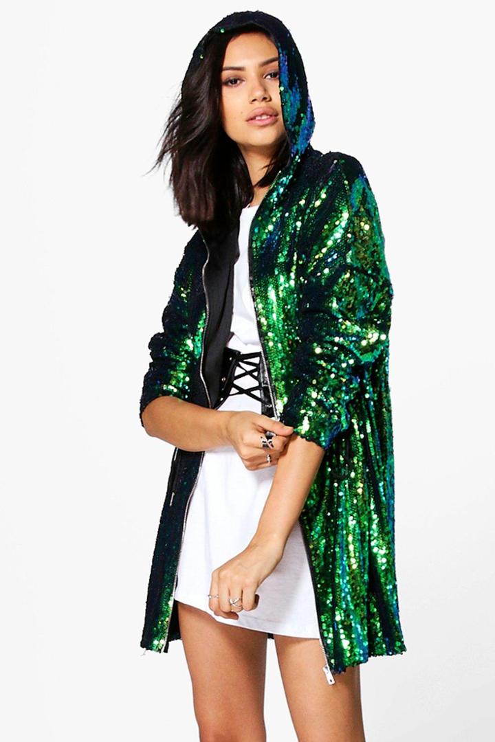 Boohoo Georgia Boutique Sequin Hooded Parka Mocha