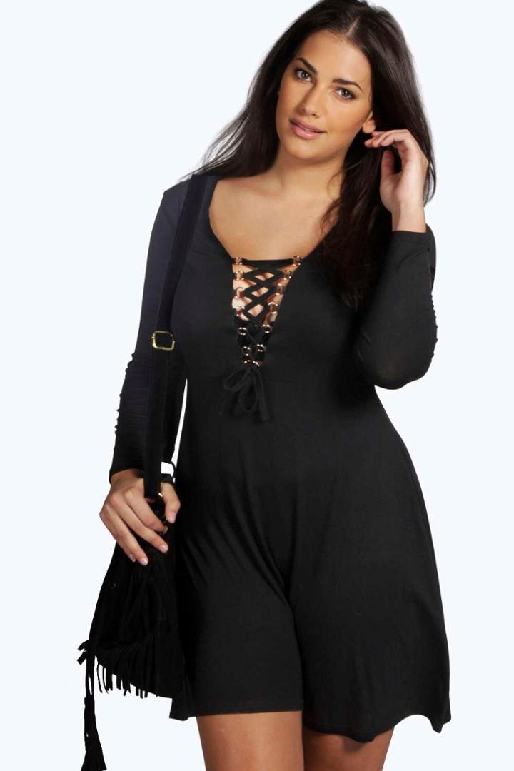 Boohoo Plus Jenny Lace Up Skater Dress Black