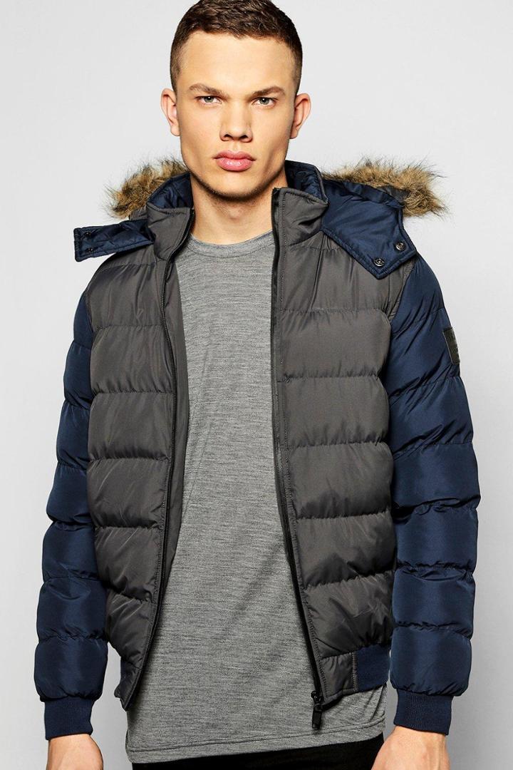 Boohoo Faux Fur Hooded Quilted Jacket Charcoal