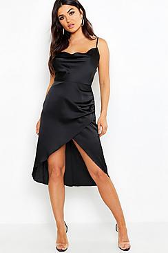 Boohoo Satin Cowl Neck Wrap Skirt Midi Dress