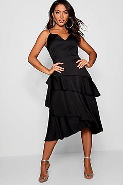 Boohoo Satin Frill Midi Dress