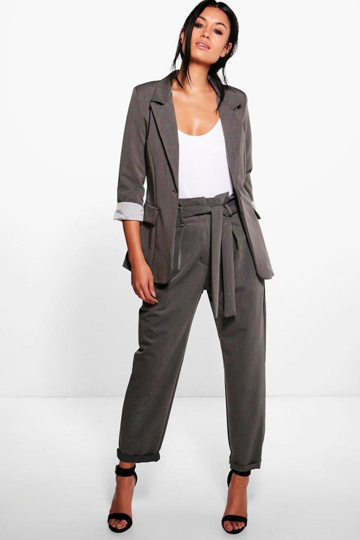 Boohoo Harriet Belted Paperwaist Tailored Trouser Grey