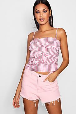 Boohoo Kelly Knot Front Chambray Denim Top
