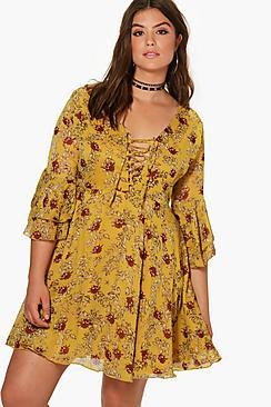 Boohoo Plus Katie Floral Lace Up Ruffle Tea Dress