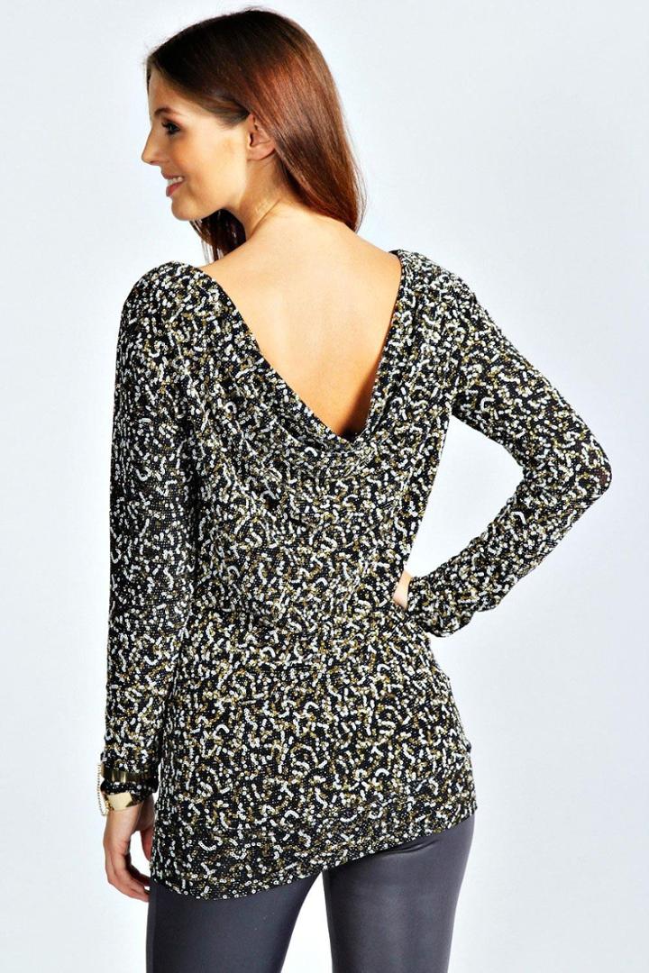 Boohoo Mia Long Sleeve Cowl Back Sequin Top Black
