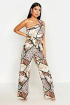 Boohoo Petite One Shoulder Animal Print Jumpsuit