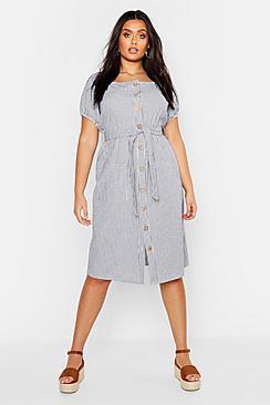 Boohoo Plus Button Front Stripe Linen Midi Dress