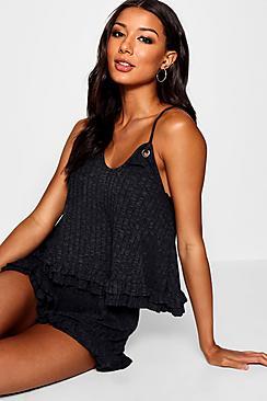 Boohoo Ruffle Hem Ribbed Lounge Short Set