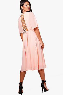 Boohoo Ava Chiffon Angel Sleeve Lace Up Back Skater Dress