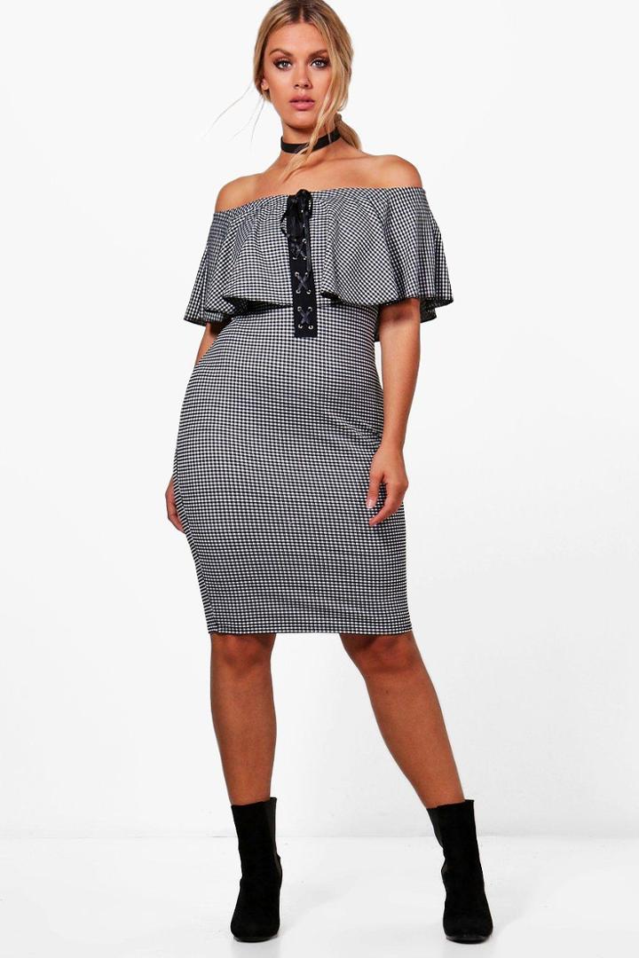 Boohoo Plus Alex Off The Shoulder Gingham Bodycon Dress Multi
