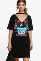 Boohoo Tall Taina Printed Choker Neck T-shirt Dress Black