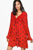 Boohoo Amelia Frill Front Lace Up Printed Dress Red