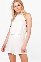 Boohoo Pom Pom Trim Halter Neck Playsuit