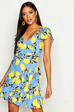 Boohoo Tall Lemon Print Ruffle Shift Dress