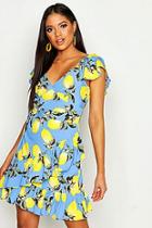 Boohoo Tall Lemon Print Ruffle Shift Dress