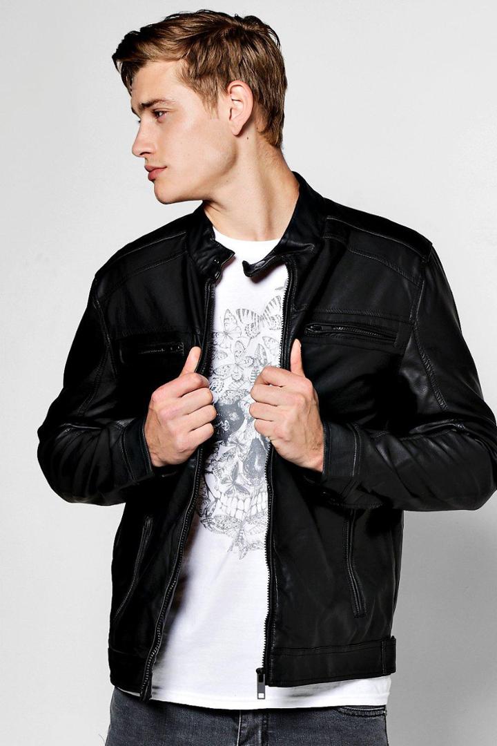 Boohoo Black Grandad Collar Multi Zip Pu Biker Jacket Black